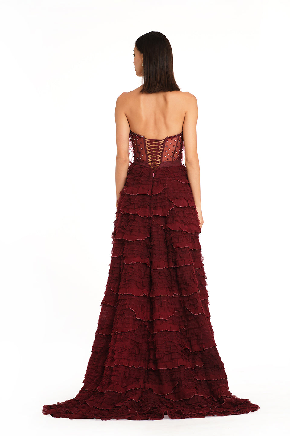 Burgundy corset gown with frill detailing