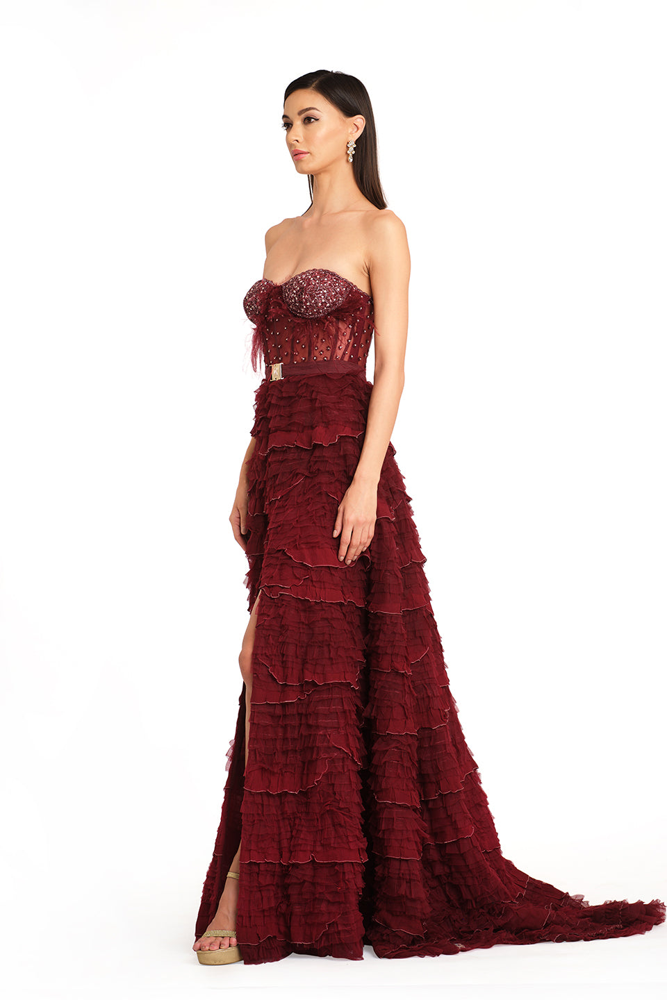 Burgundy corset gown with frill detailing