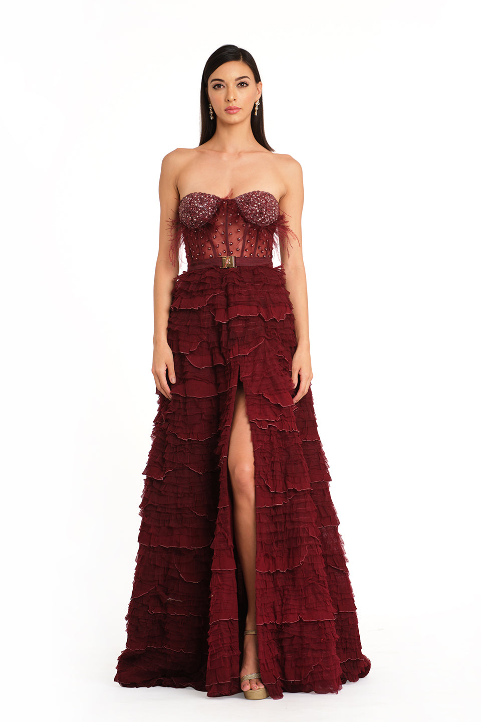 Burgundy corset gown with frill detailing
