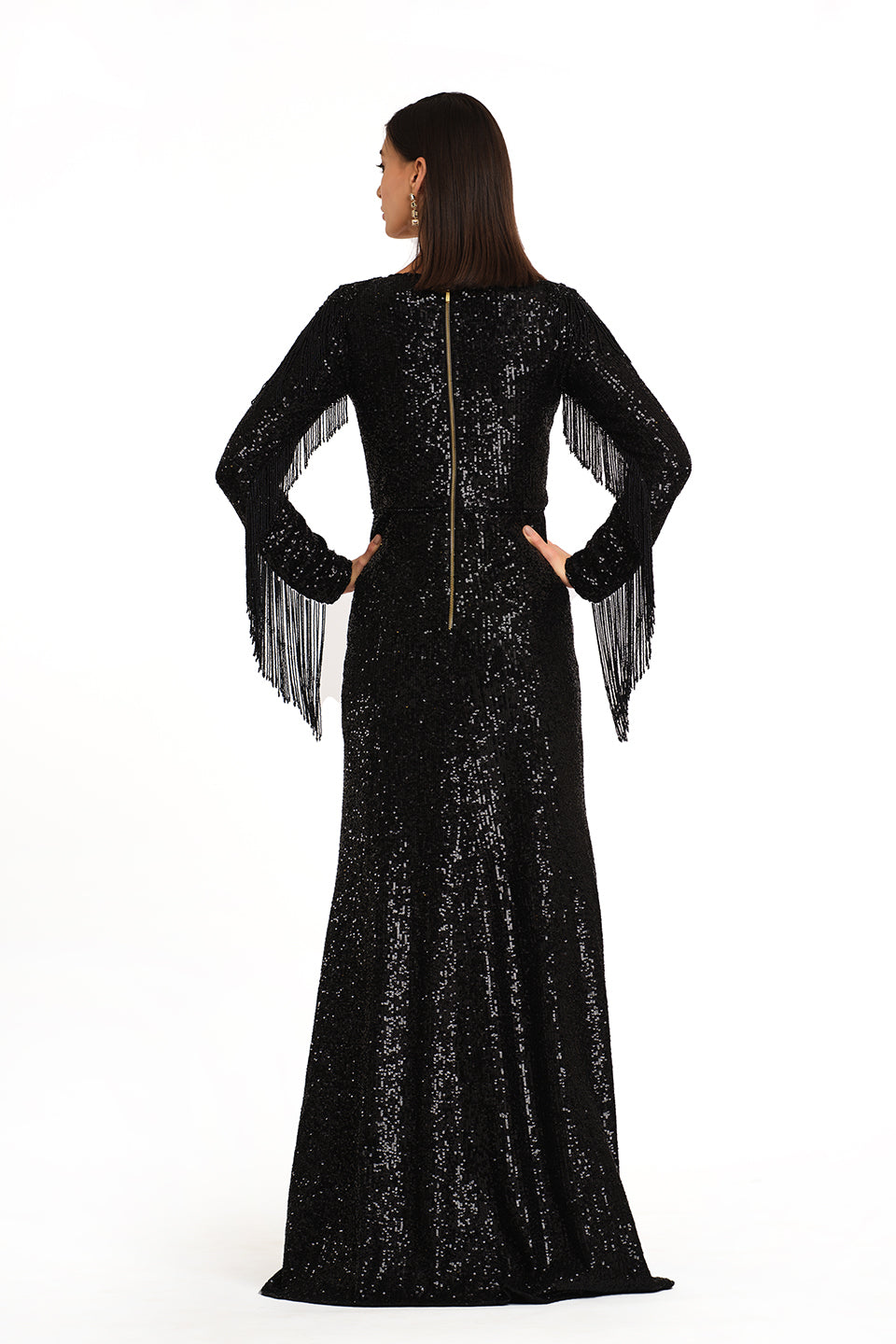 One shoulder gown with feather detailing