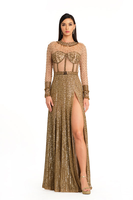 Antique gold embroidered gown