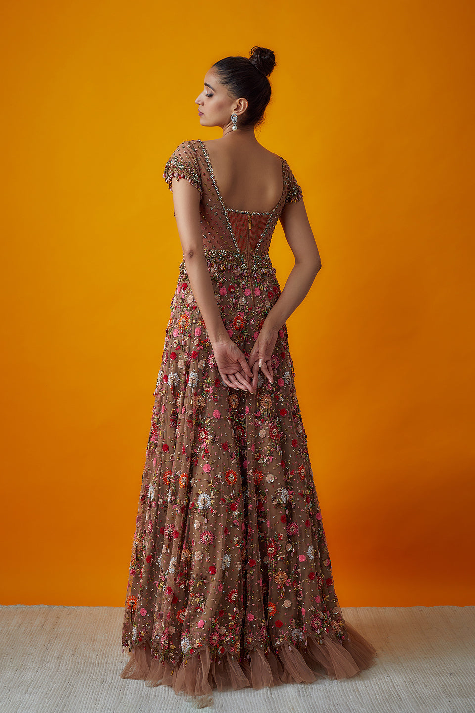 multicoloured embroidered gown with brocade bodice