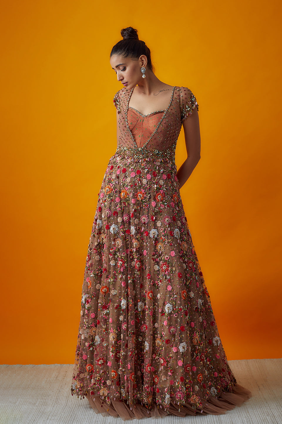 multicoloured embroidered gown with brocade bodice