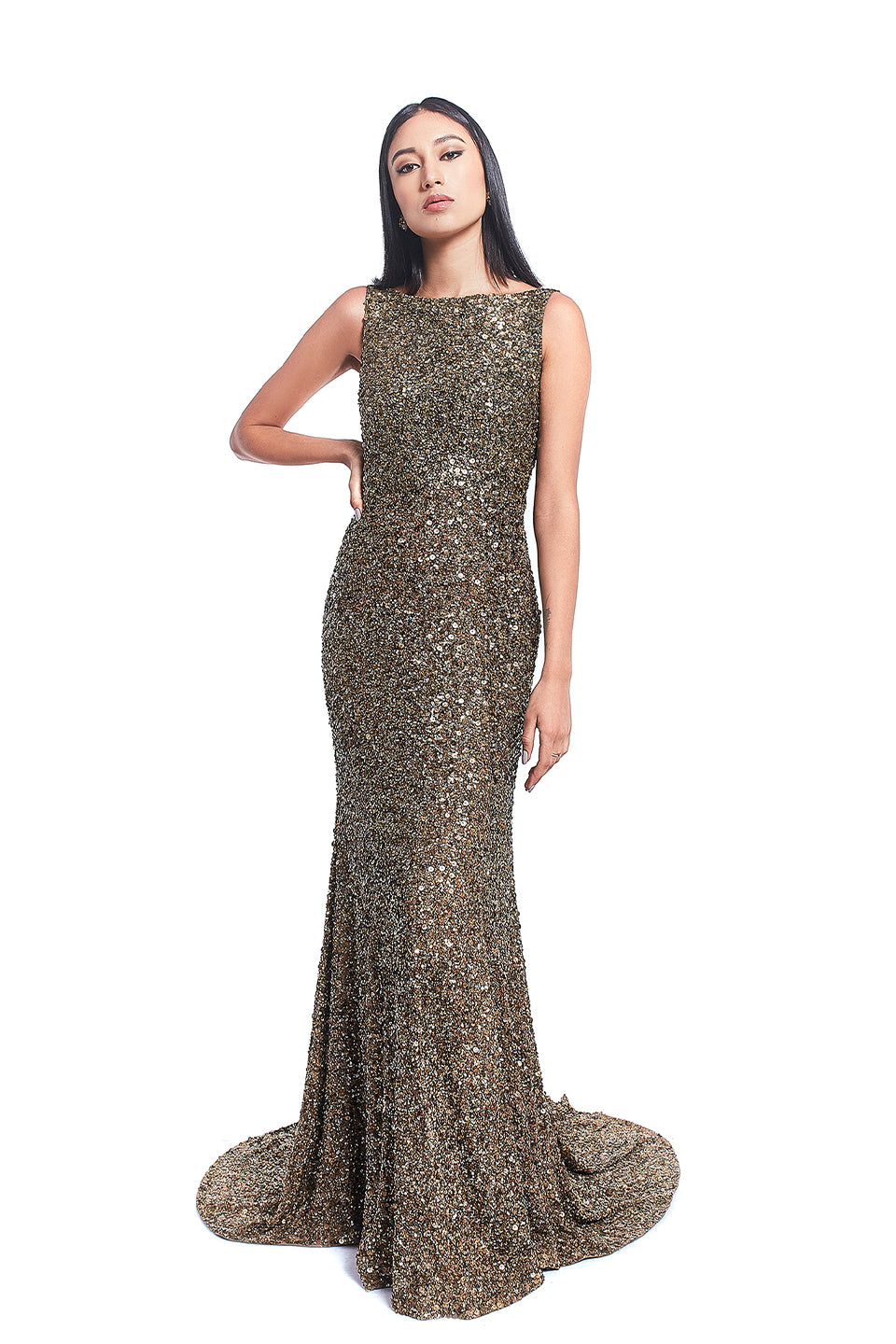 Embroidered gold body con gown
