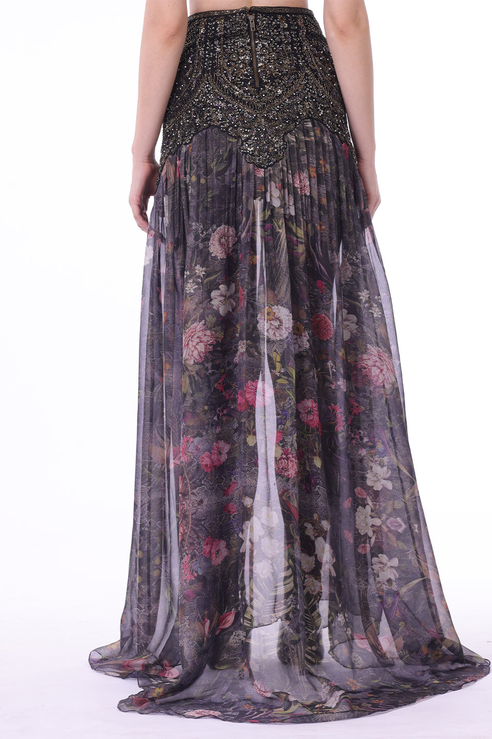 Embroidered sheer long skirt