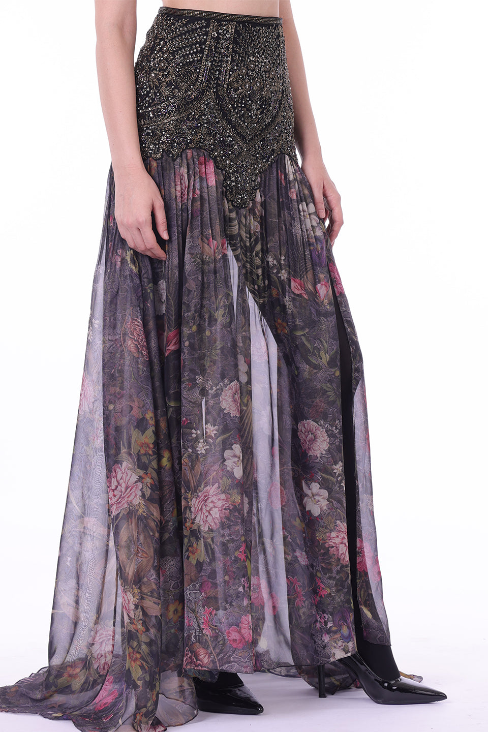 Embroidered sheer long skirt