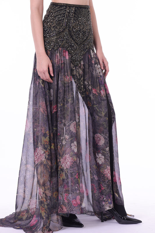 Embroidered sheer long skirt