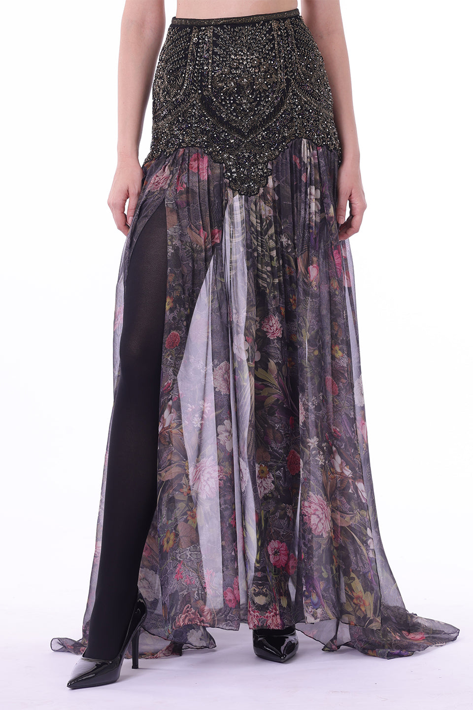 Embroidered sheer long skirt