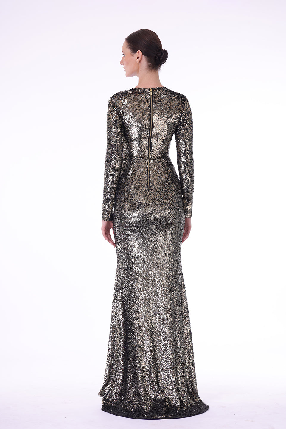 Hand embroidered sequined gold gown
