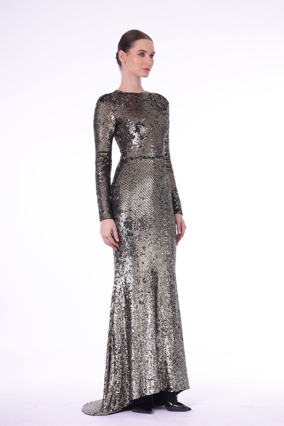 Hand embroidered sequined gold gown