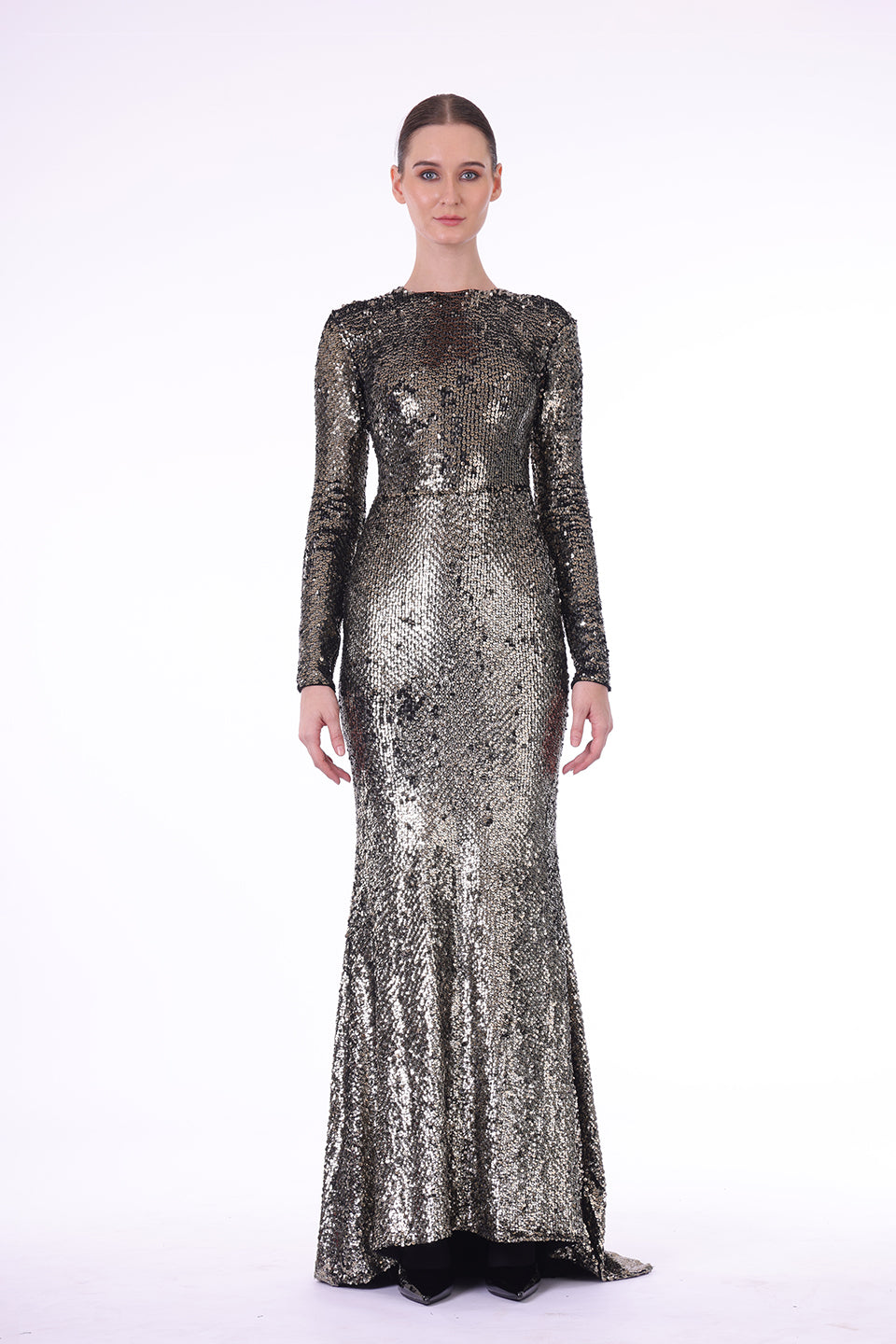 Hand embroidered sequined gold gown