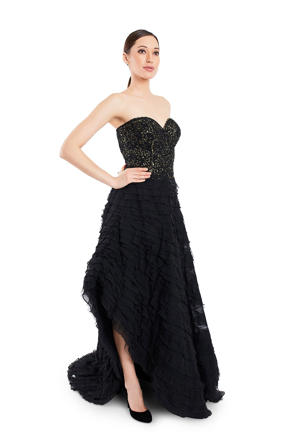 Black embroidered gown with sequin detailing