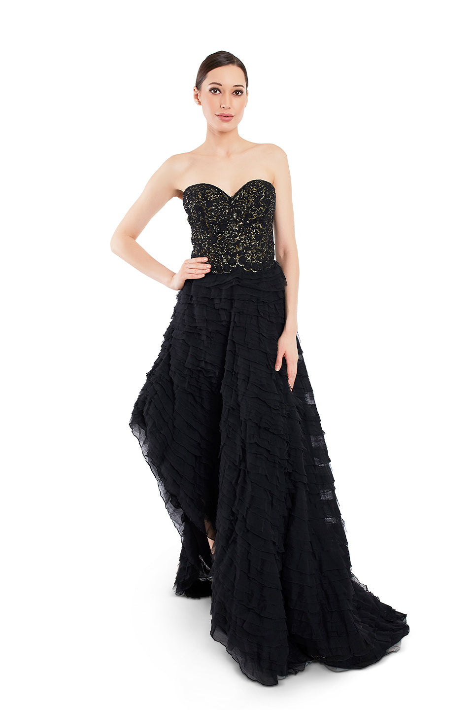 Black embroidered gown with sequin detailing