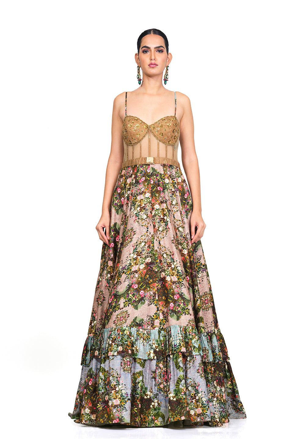 Brocade bodice with signature print gown
