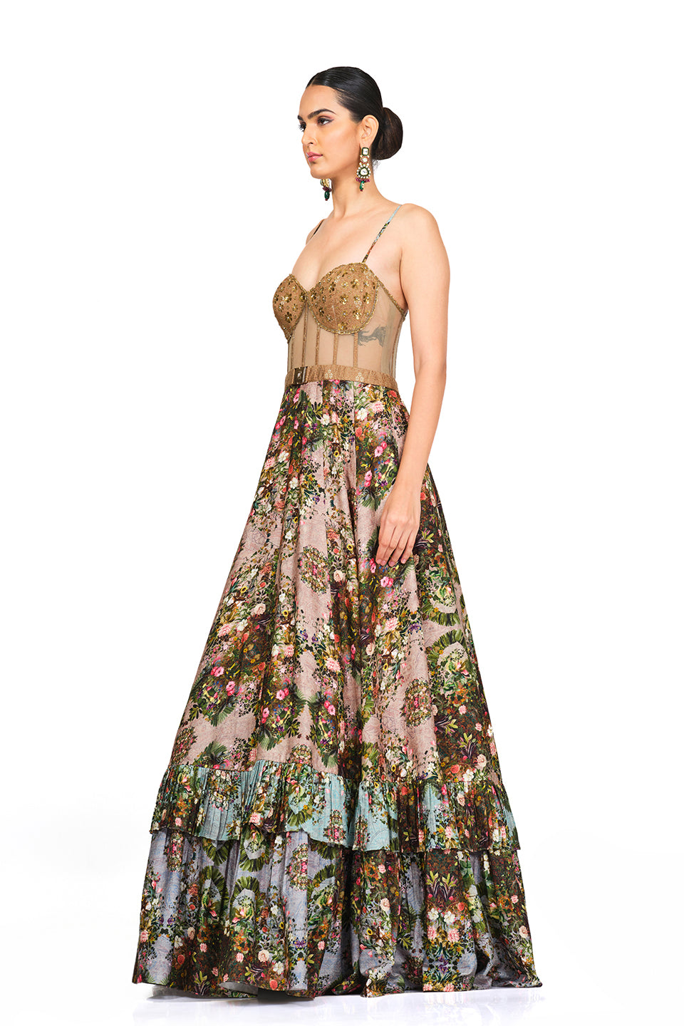 Brocade bodice with signature print gown