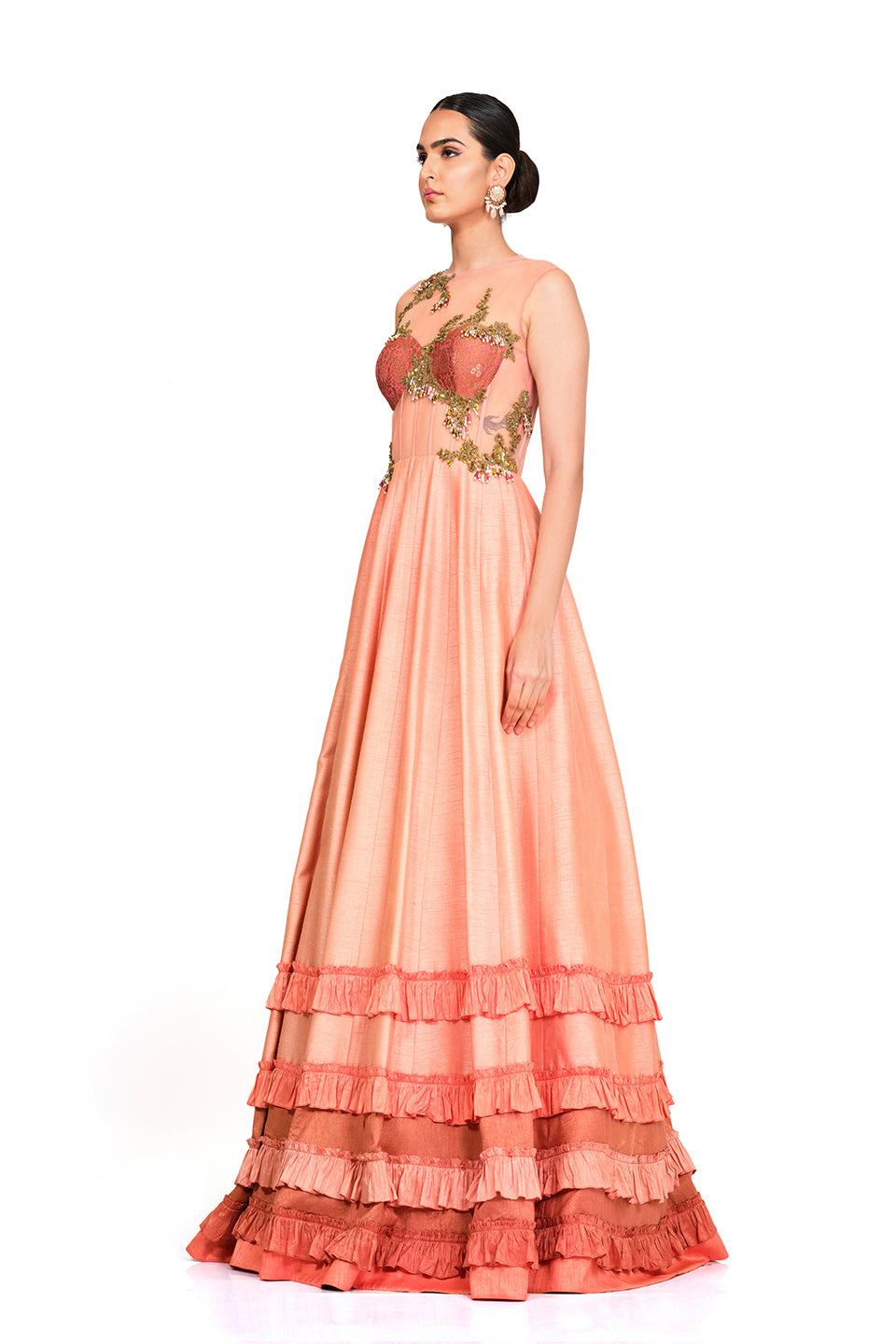 Silk peach gown with Embroidered bodice