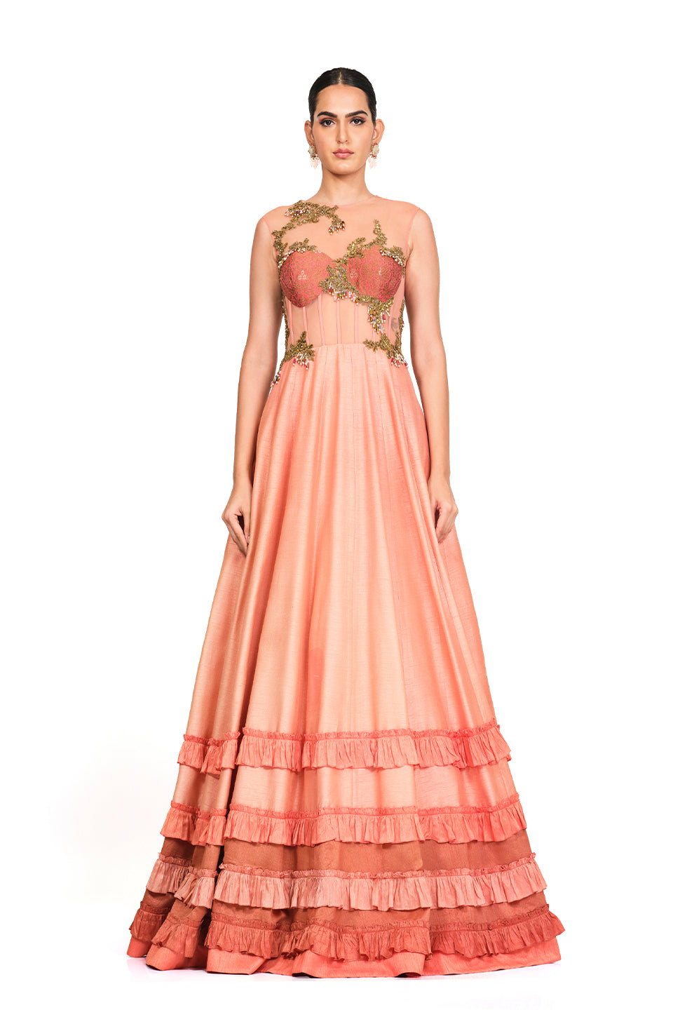 Silk peach gown with Embroidered bodice