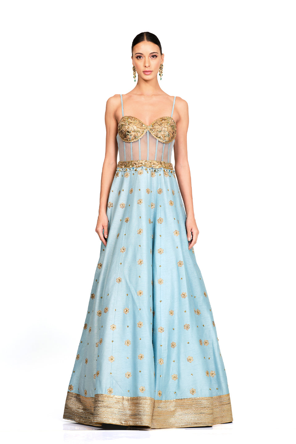 Silk gown with embroidered corset bodice