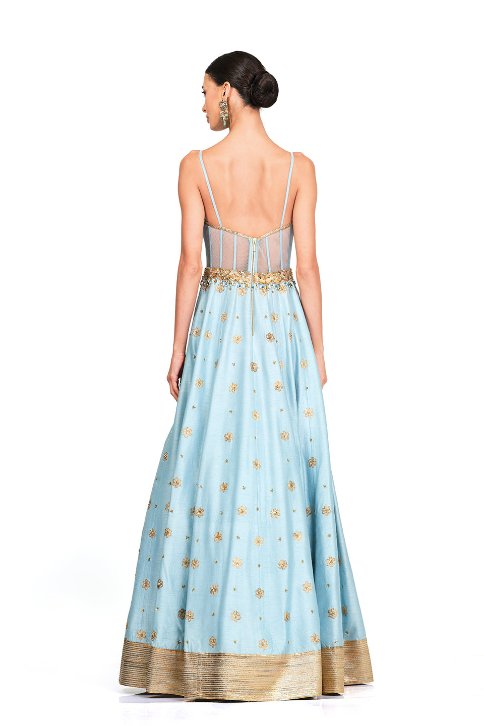 Silk gown with embroidered corset bodice