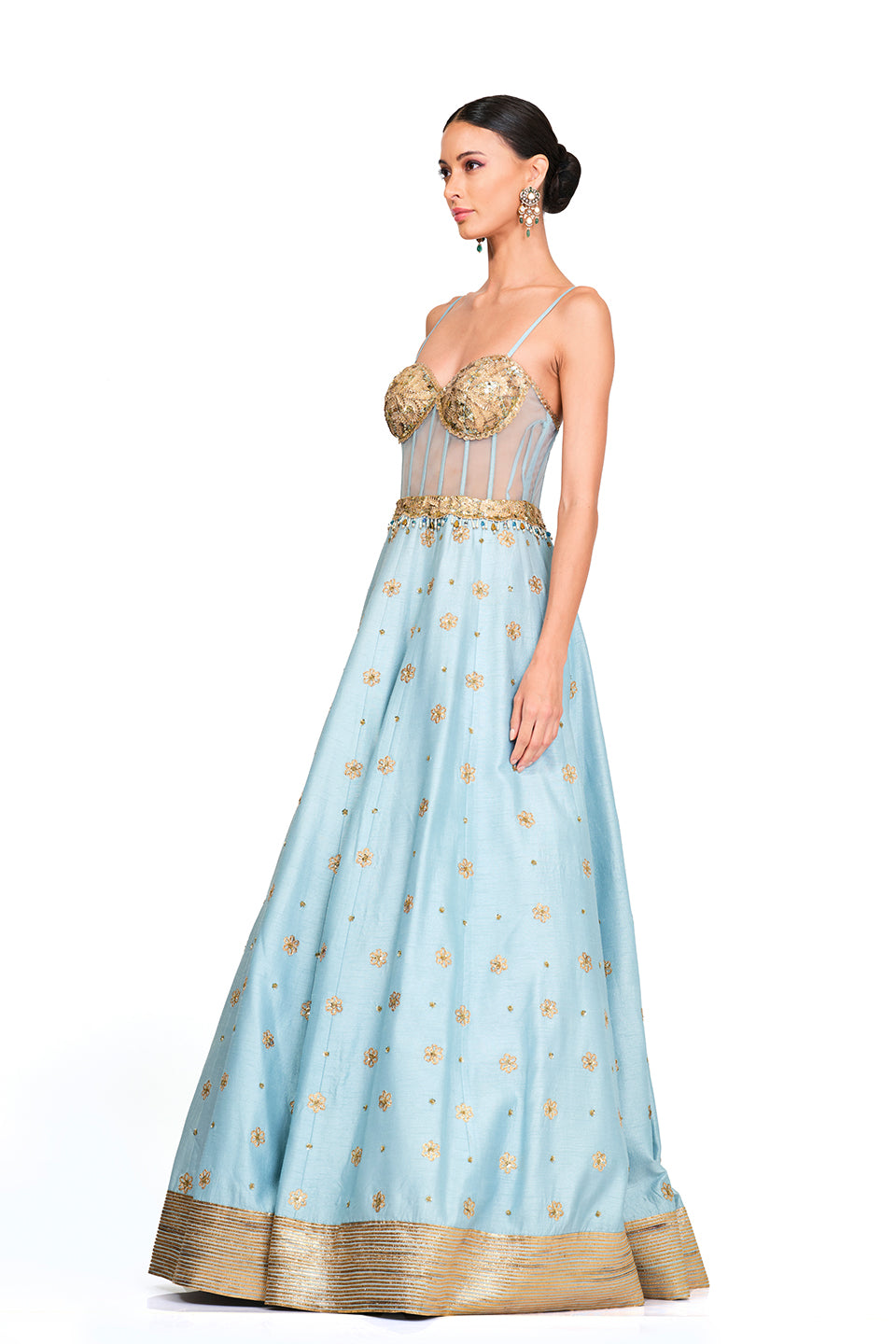 Silk gown with embroidered corset bodice