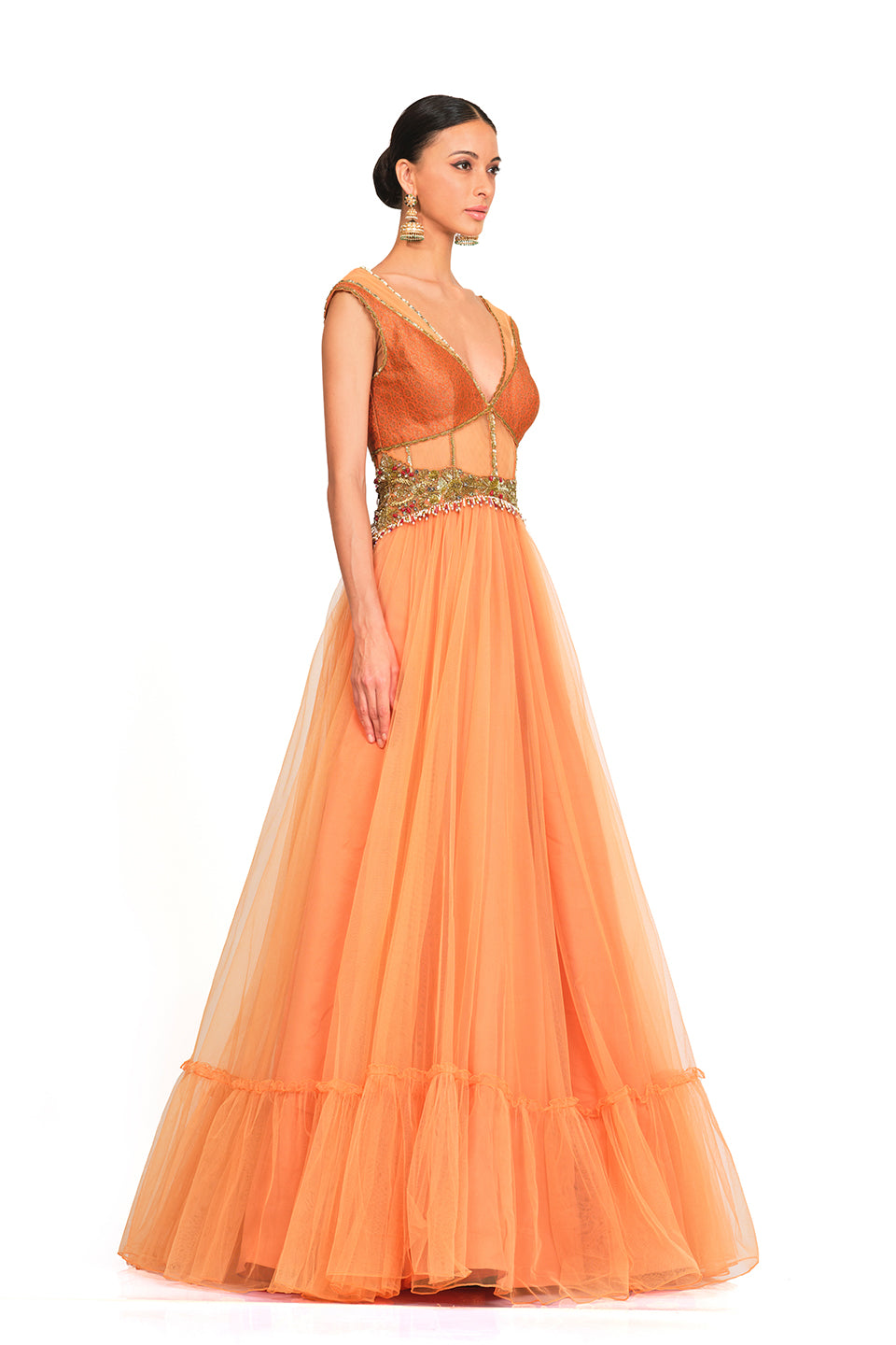 Net gown with brocade bodice