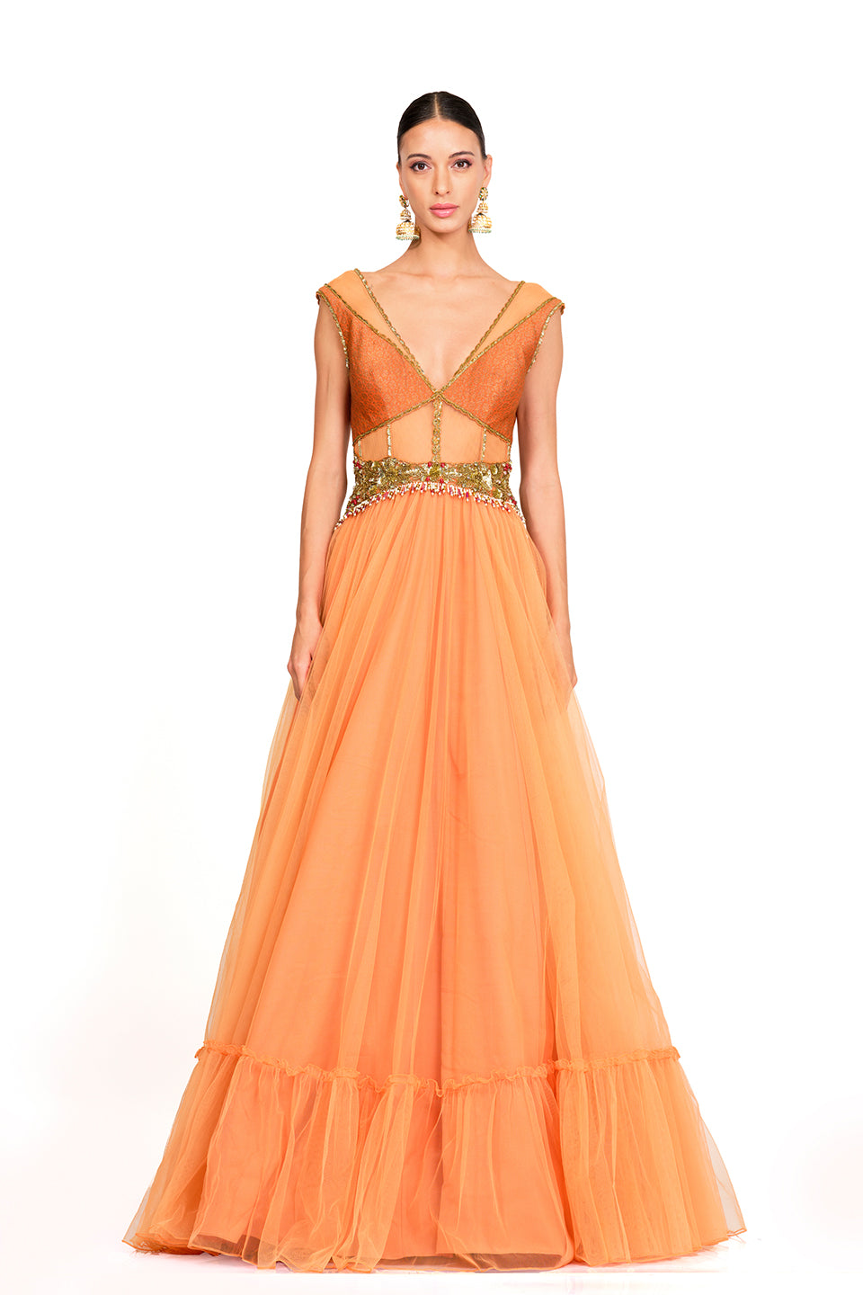 Net gown with brocade bodice