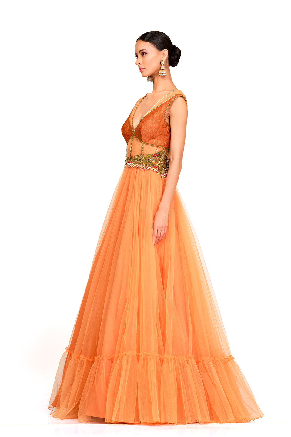 Net gown with brocade bodice