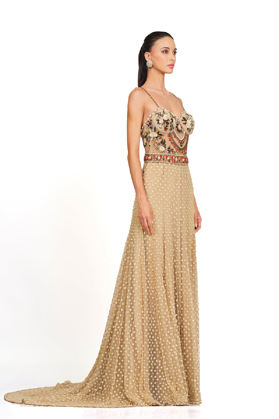 Beige hand embroidered strappy gown