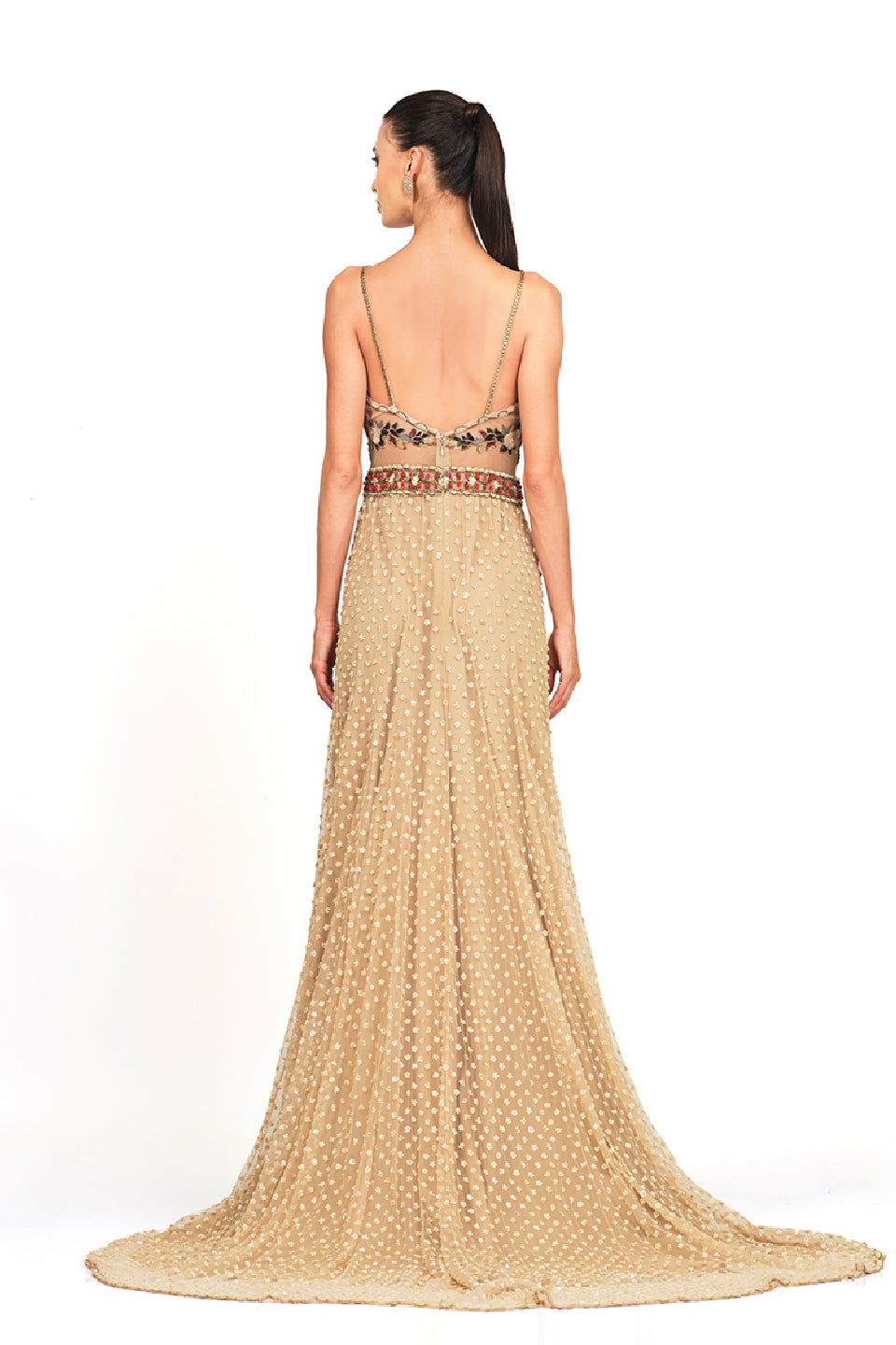 Beige hand embroidered strappy gown
