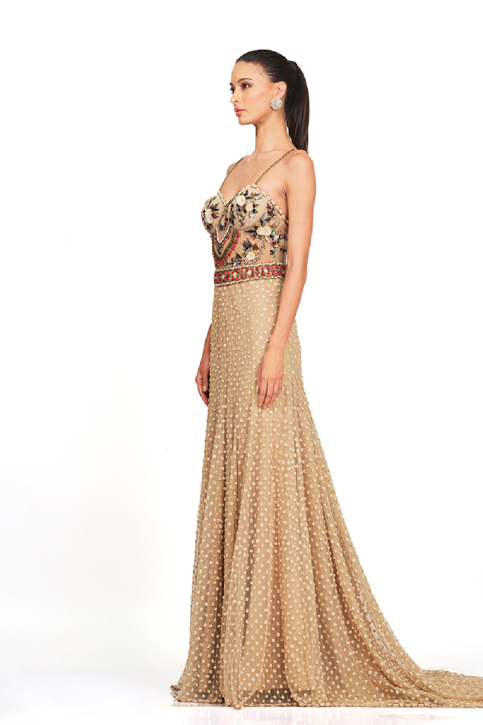 Beige hand embroidered strappy gown