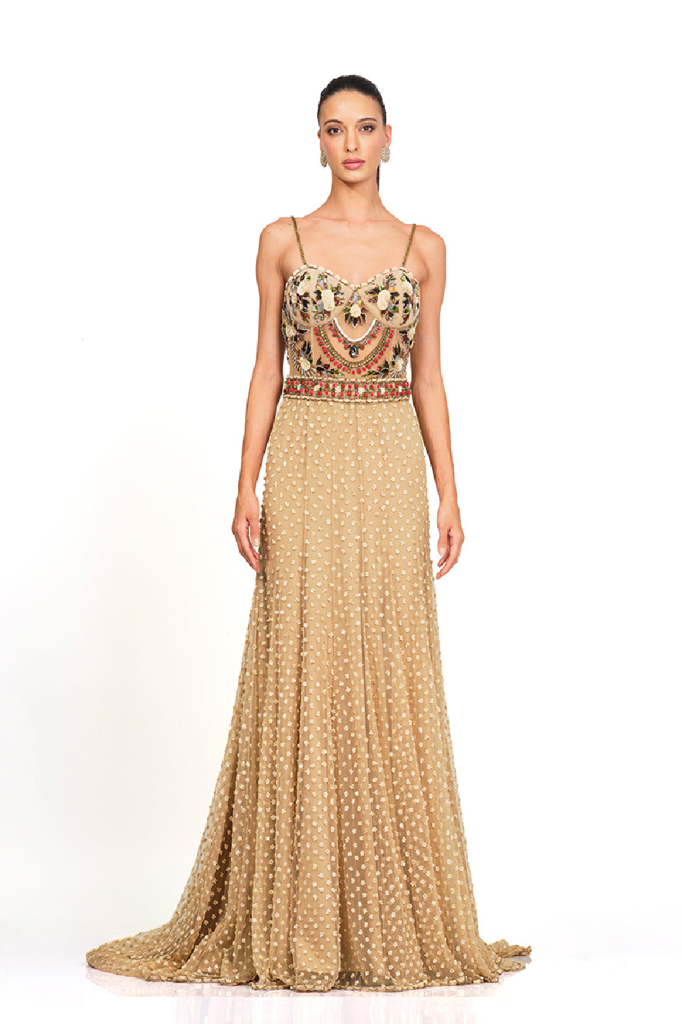 Beige hand embroidered strappy gown