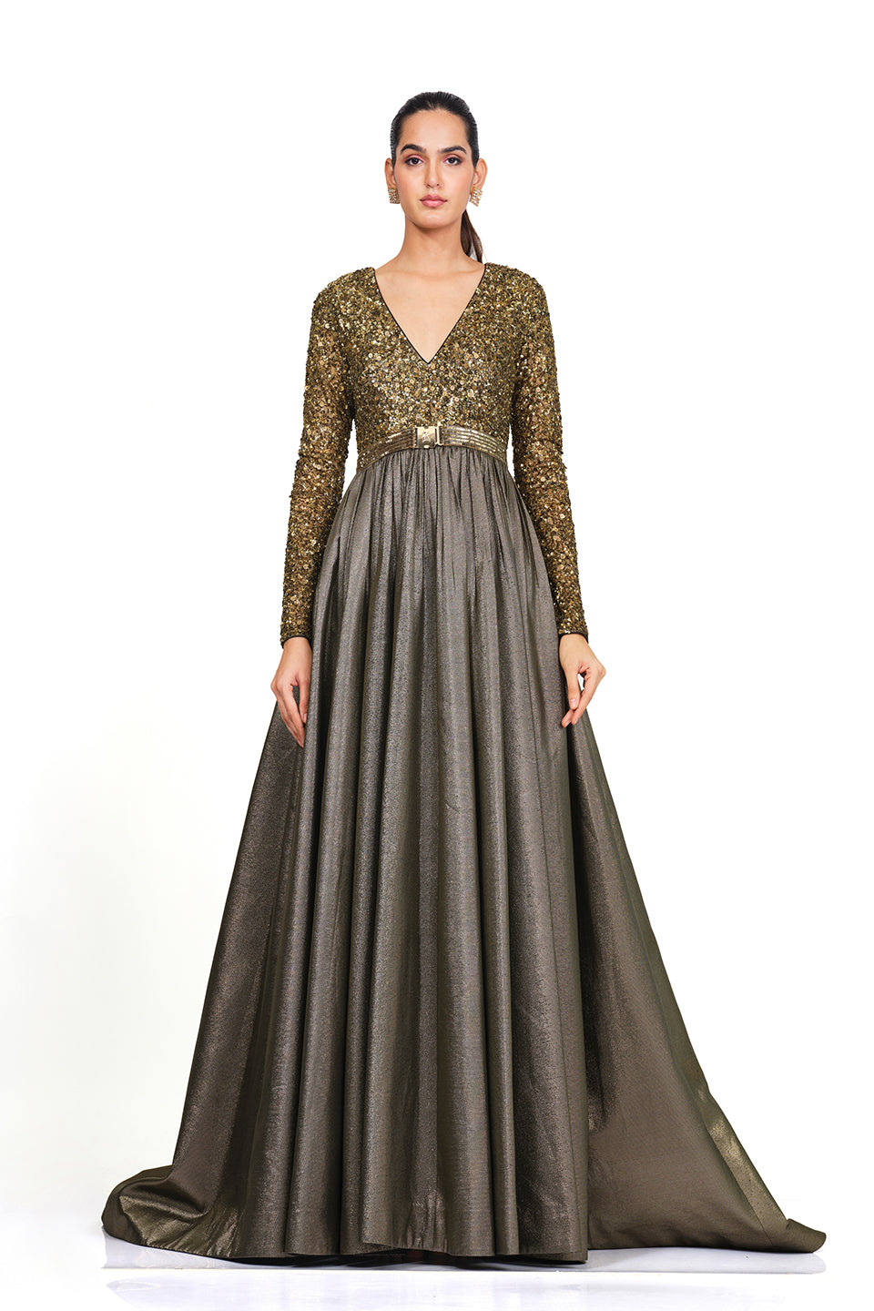 Gold full sleeve gownn with V neck