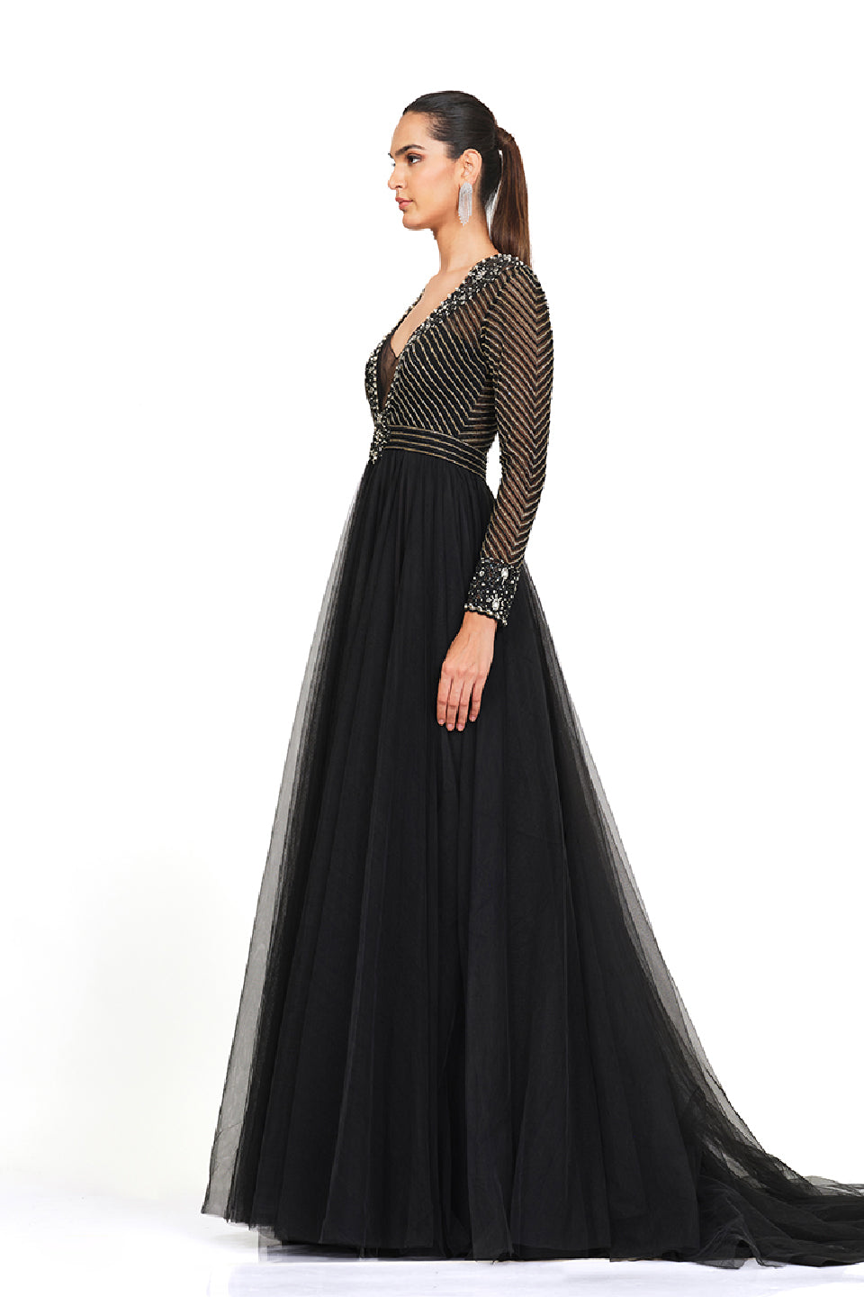 Hand embroidered gown with net flare