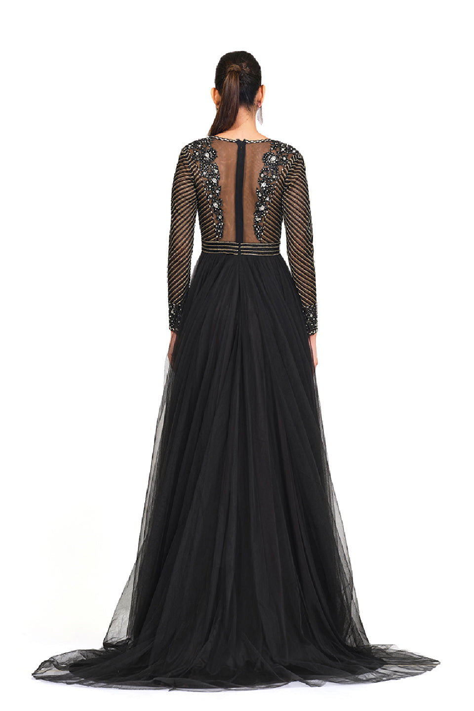 Hand embroidered gown with net flare