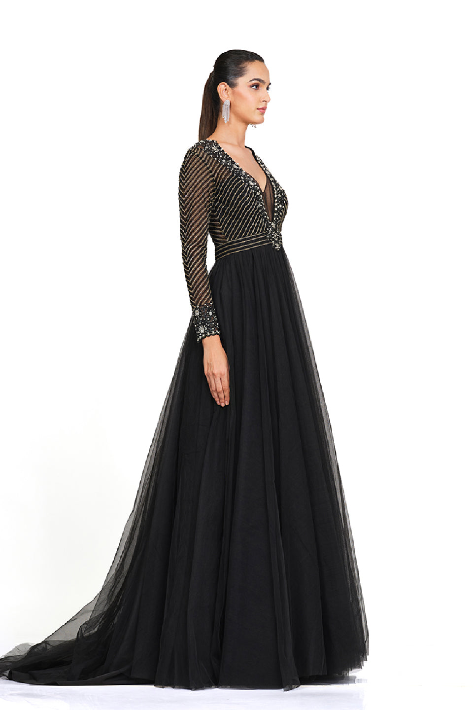 Hand embroidered gown with net flare