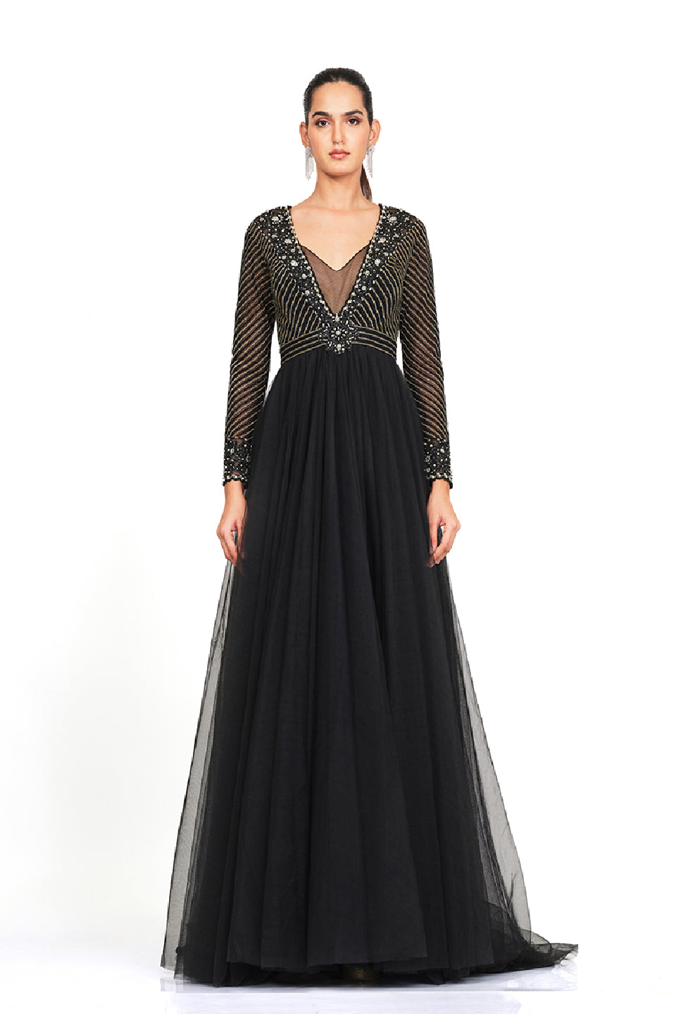 Hand embroidered gown with net flare