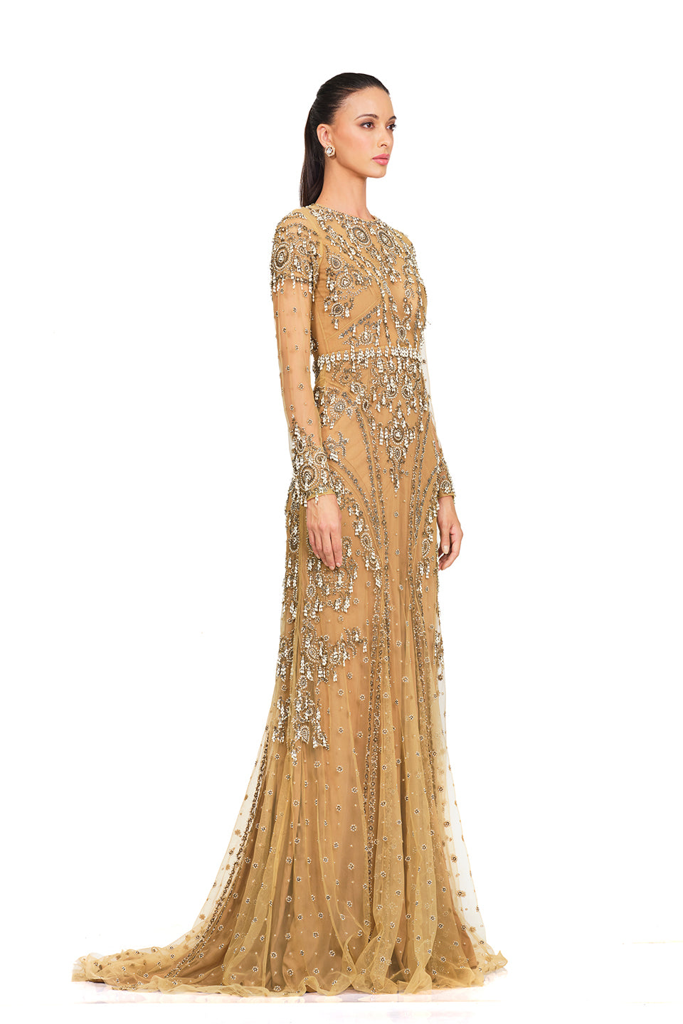 Full sleeve beige embroidered gown