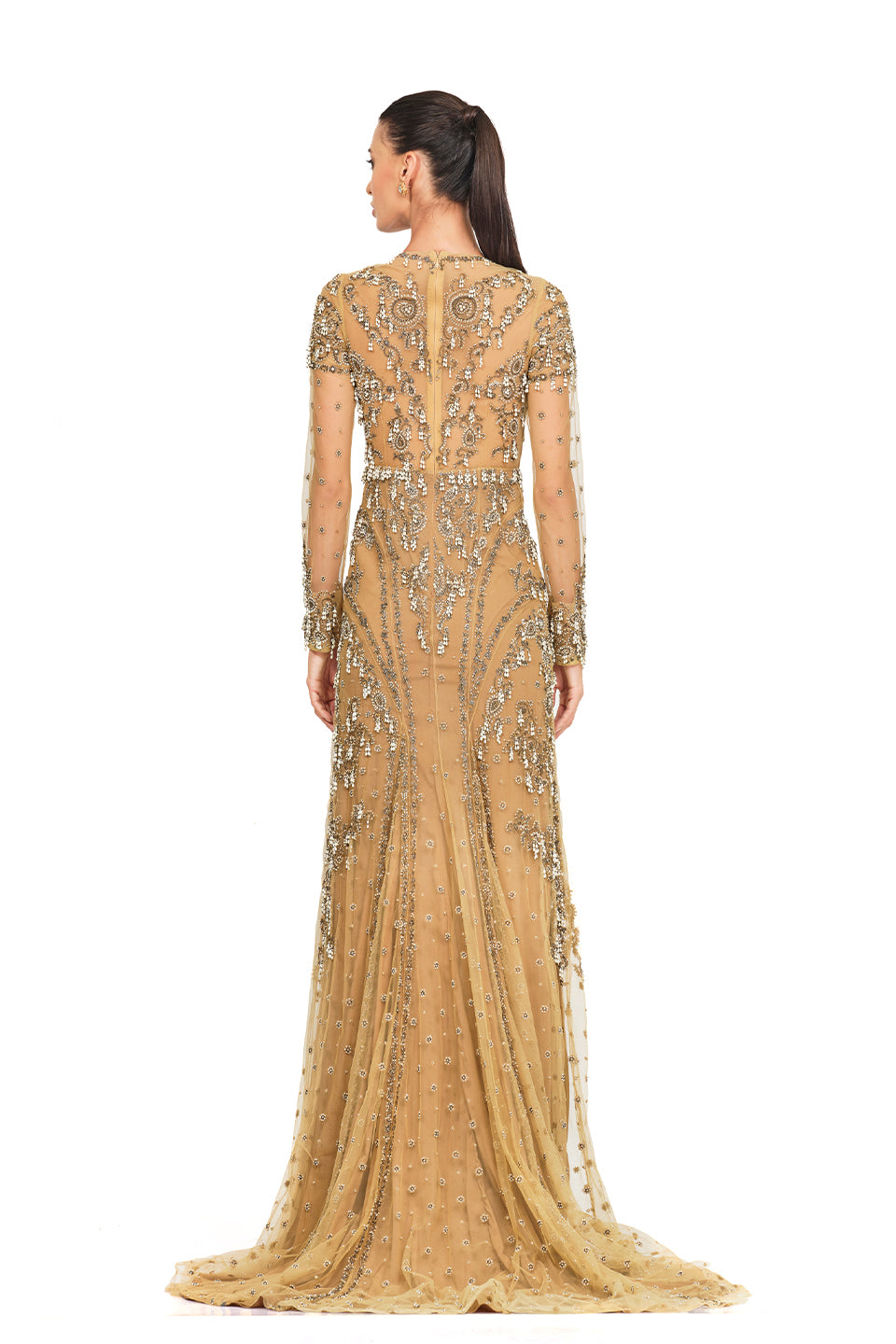 Full sleeve beige embroidered gown