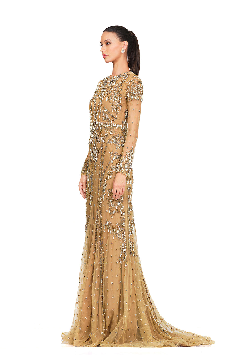 Full sleeve beige embroidered gown