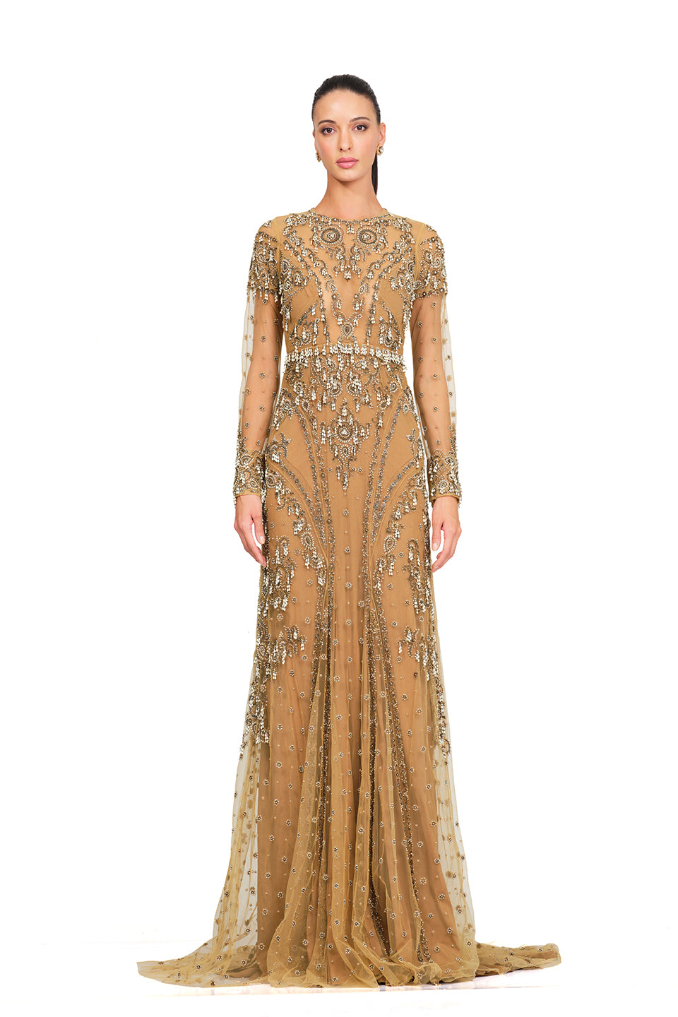 Full sleeve beige embroidered gown
