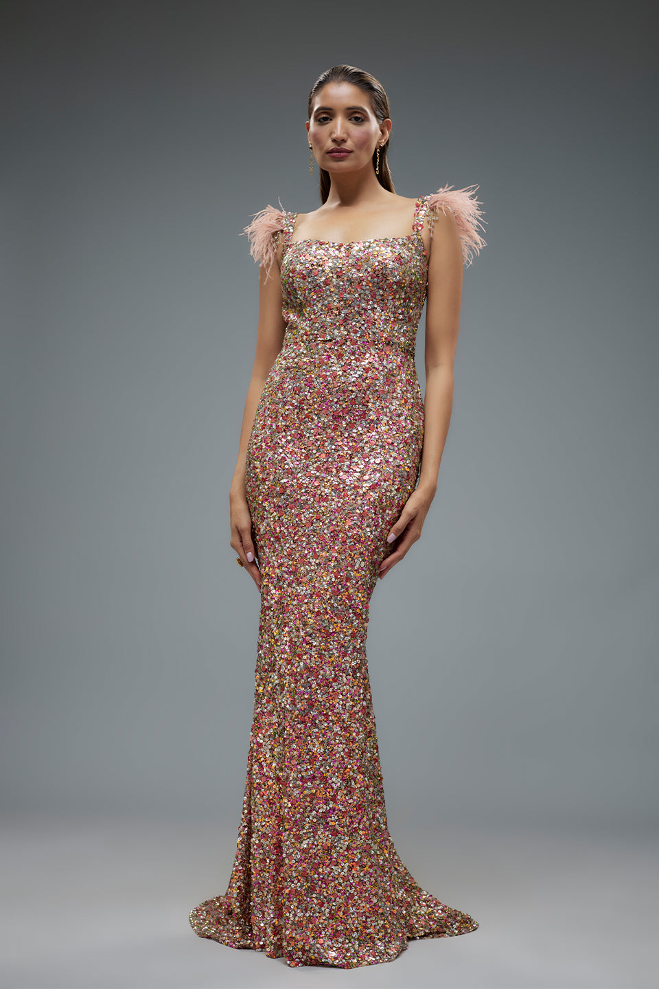 sequin net dress Net Mesh Sequin Gown in Cloud Blue