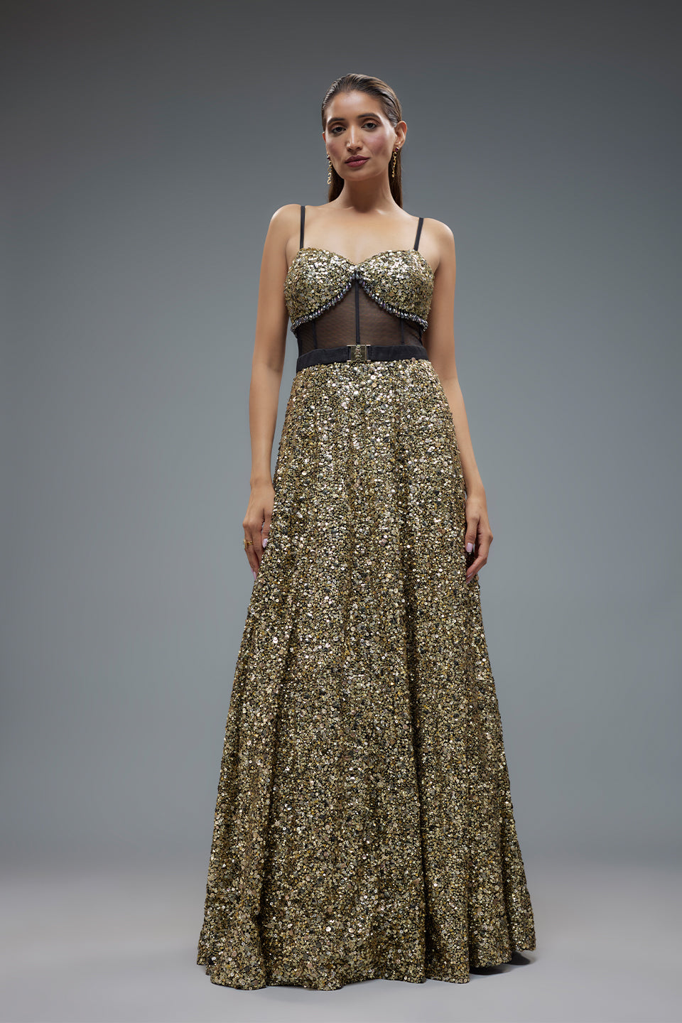 antique gold net sequins embellished gown