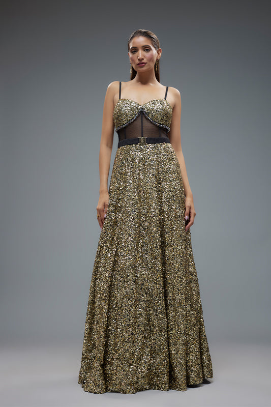 antique gold net sequins embellished gown