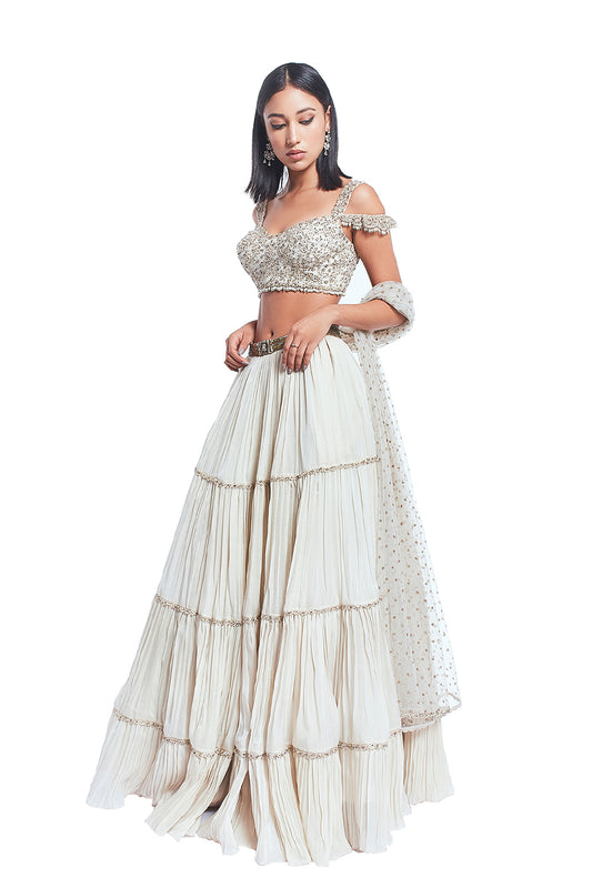 Ivory Cordwork Lehenga with Net Dupatta