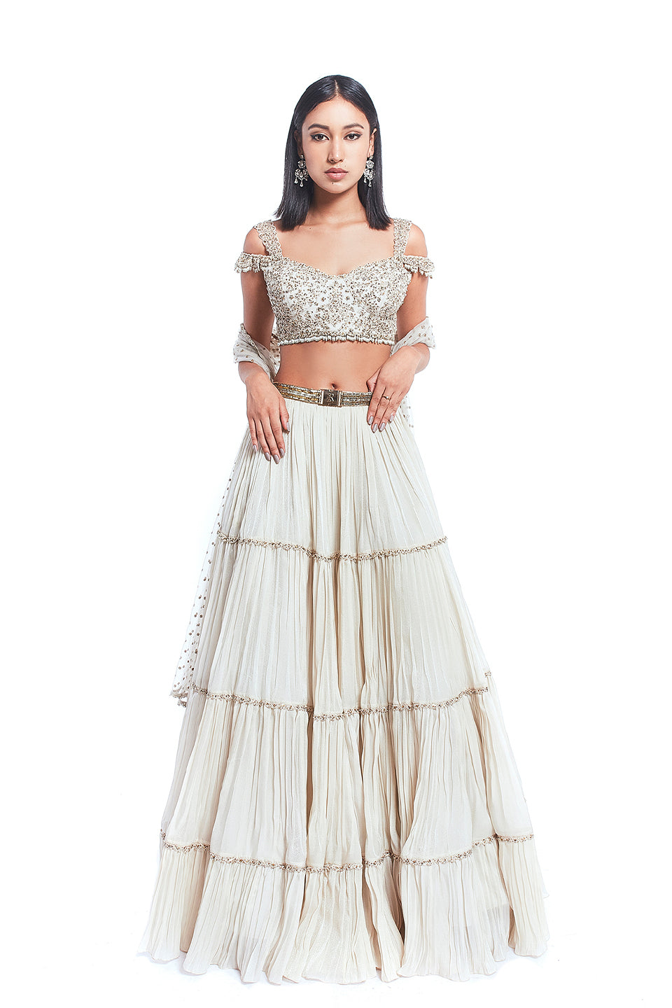 Ivory Cordwork Lehenga with Net Dupatta