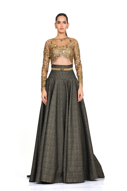Gold embroidered blouse with lehenga