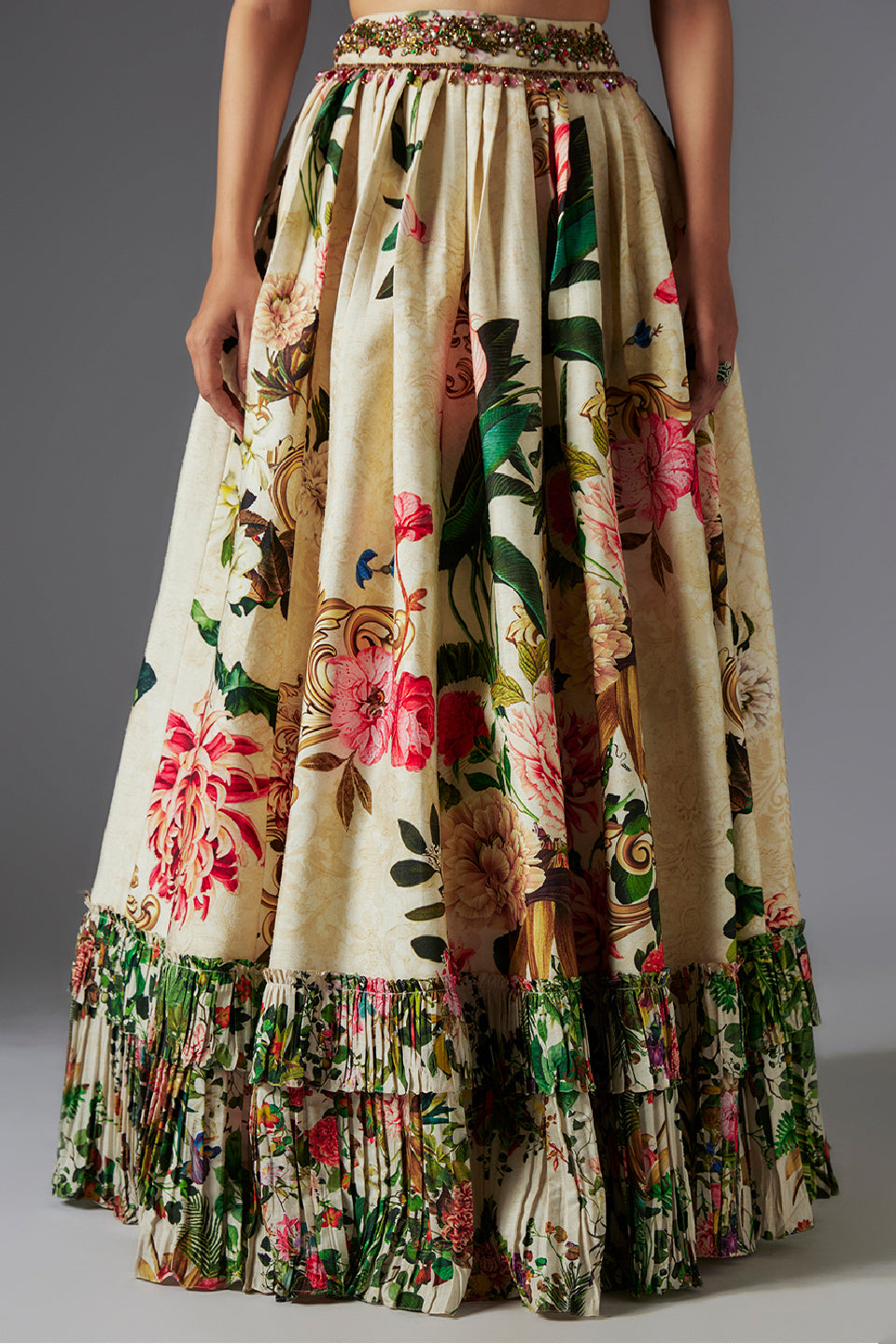 Ivory Raw Silk Patchwork & Botanical Printed Skirt Set