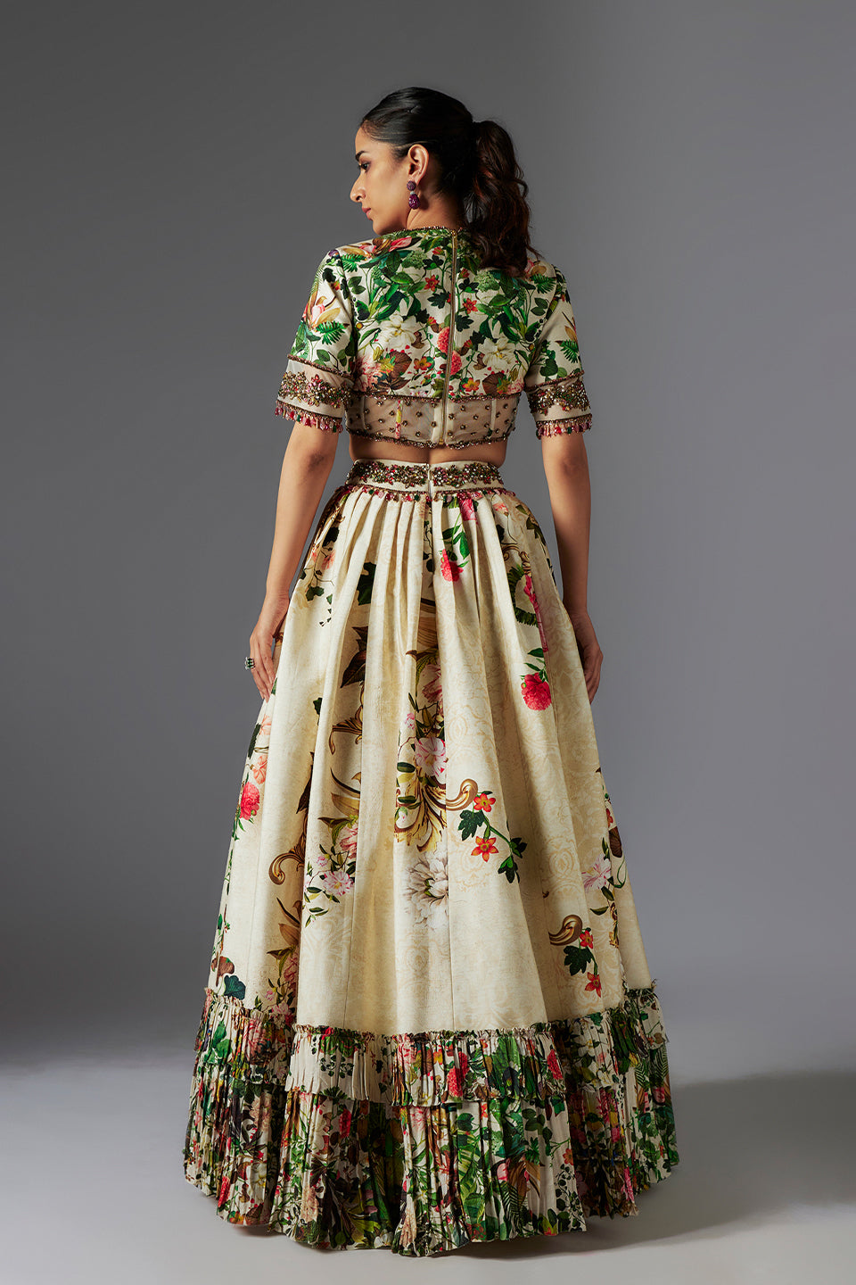 Ivory Raw Silk Patchwork & Botanical Printed Skirt Set