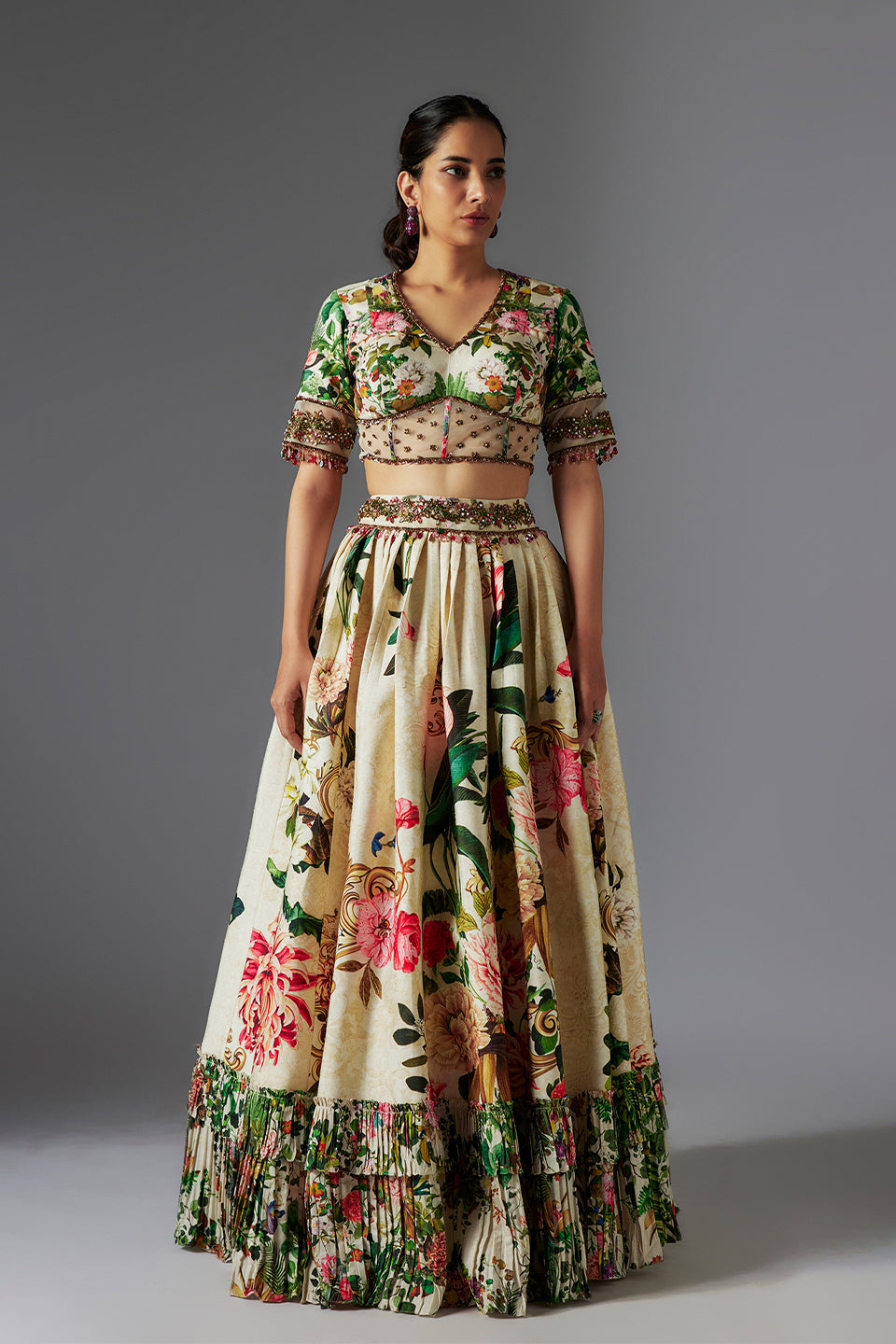 Ivory Raw Silk Patchwork & Botanical Printed Skirt Set