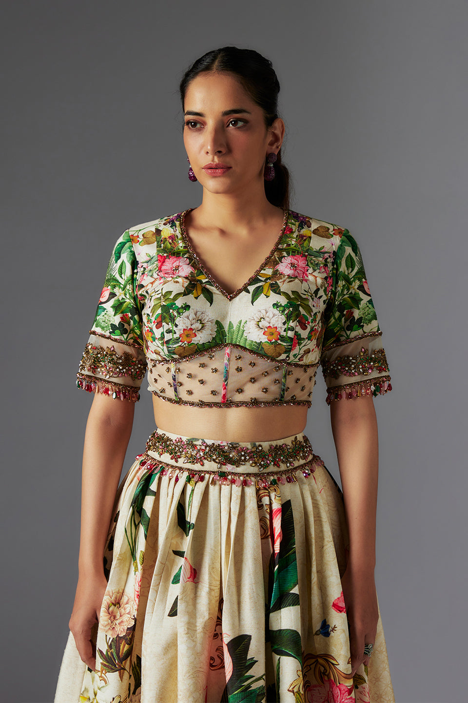 Ivory Raw Silk Patchwork & Botanical Printed Skirt Set